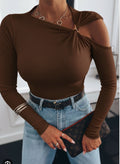 Ασύμμετρη Μπλούζα με Cut-Out Ώμο - Καφέ