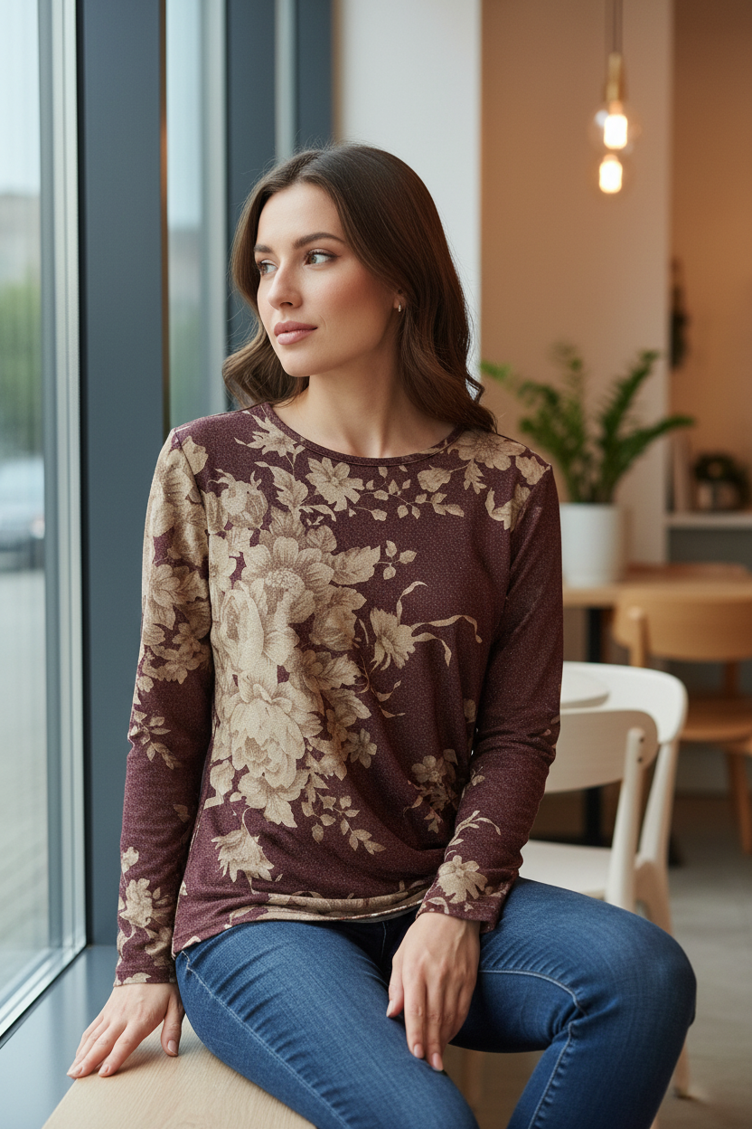 Μπορντώ Floral Μπλούζα - Lifestyle με Μοντέλο