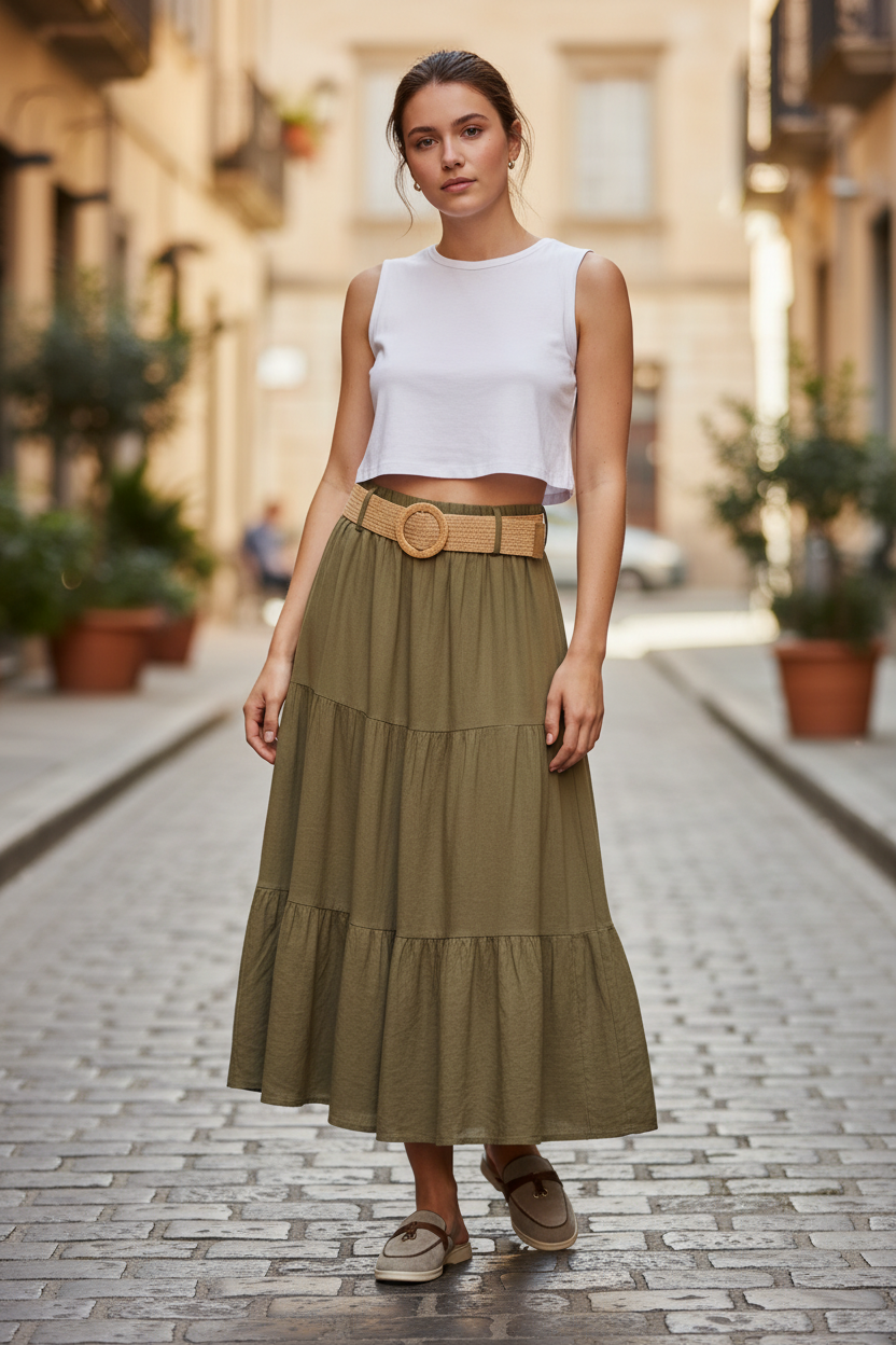 Χακί φούστα με taupe mules