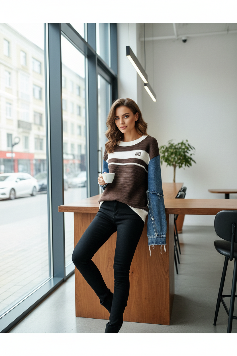 Καφέ Πλεκτό με Denim Μανίκια - Lifestyle φωτογραφία