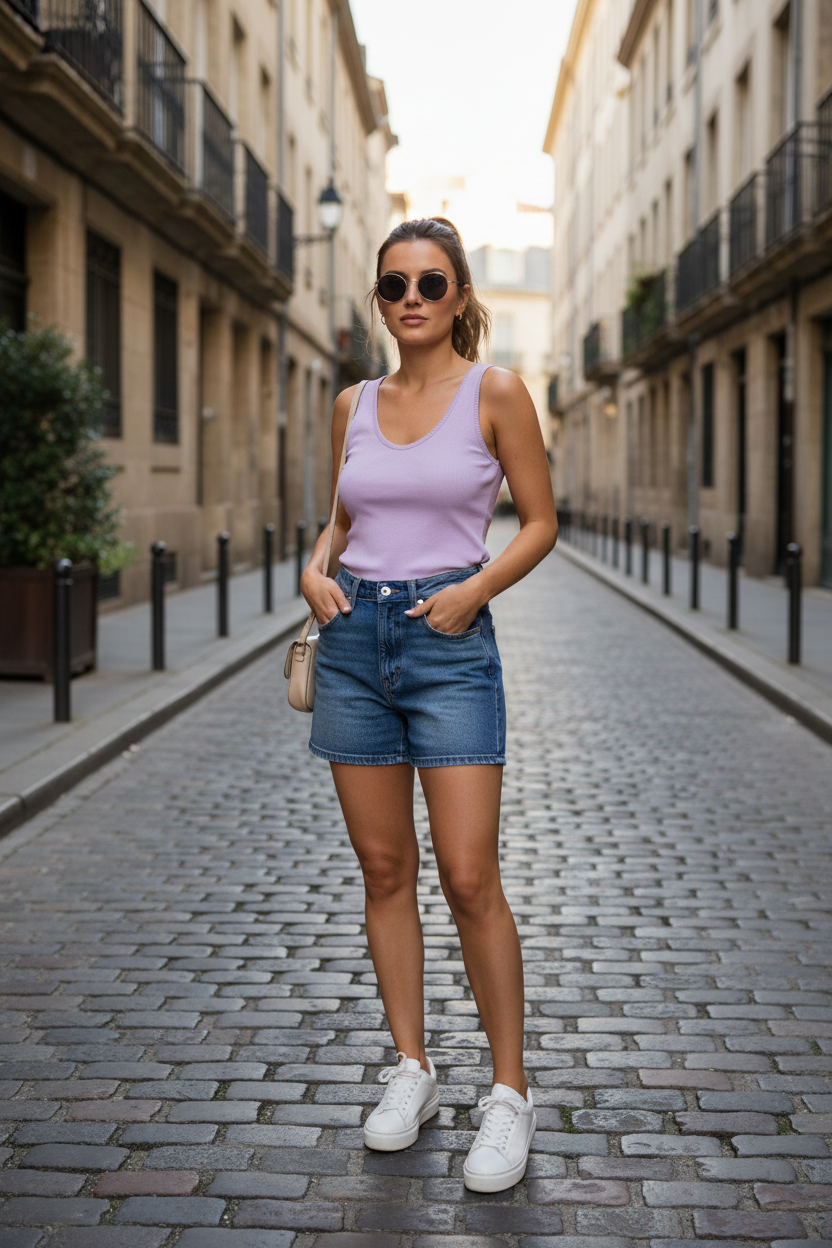 Λιλά Flowy Ribbed Tank Top με denim shorts