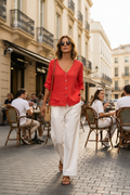 Κόκκινο Λινό Πουκάμισο V-neck
