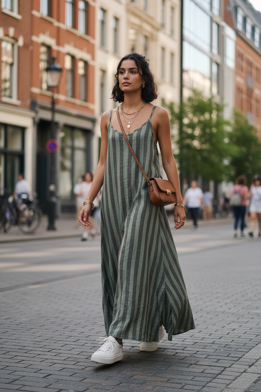 Maxi Ριγέ Λινό Φόρεμα - street style