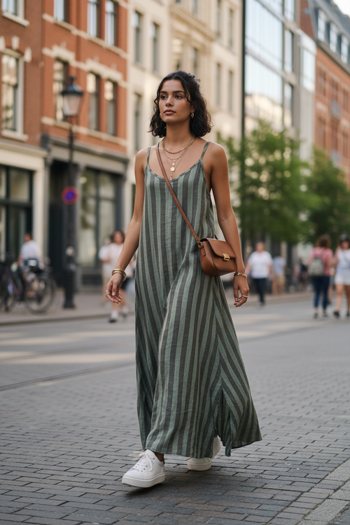 Maxi Ριγέ Λινό Φόρεμα - street style