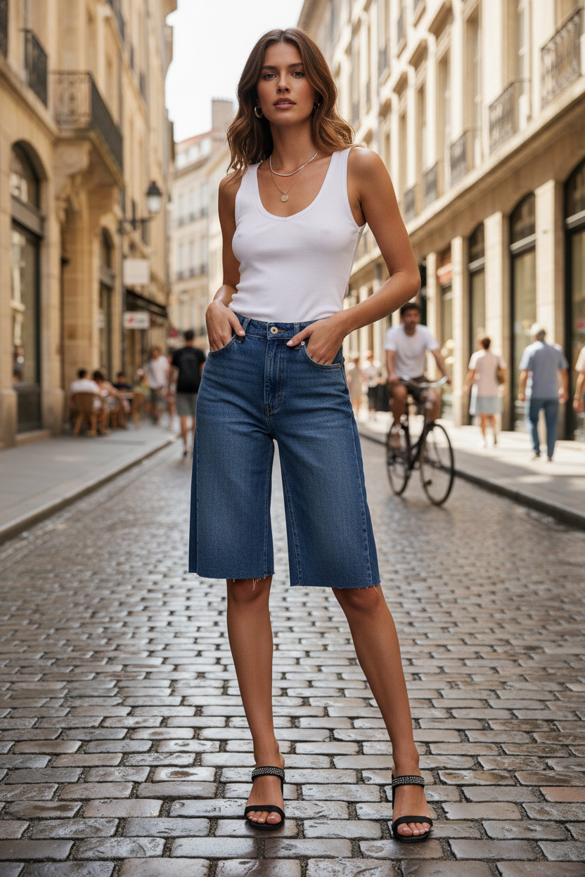 Λευκό Flowy Ribbed Tank Top με denim shorts