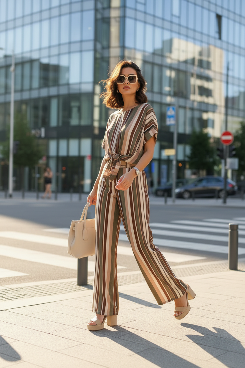 Ριγέ σετ με μοντέλο - δεύτερη πόζα street city style