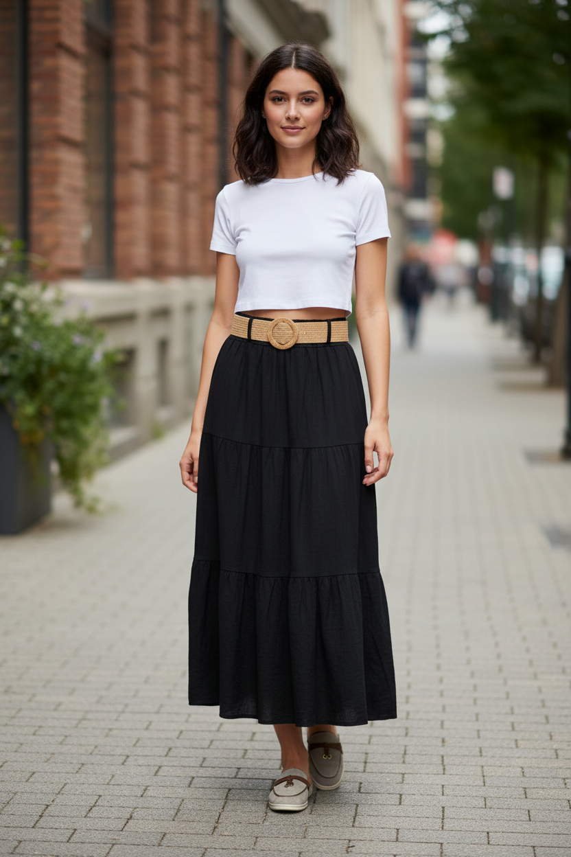 Μαύρη φούστα με taupe mules