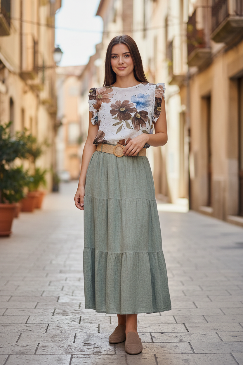 Floral μπλούζα με μπλε denim φούστα