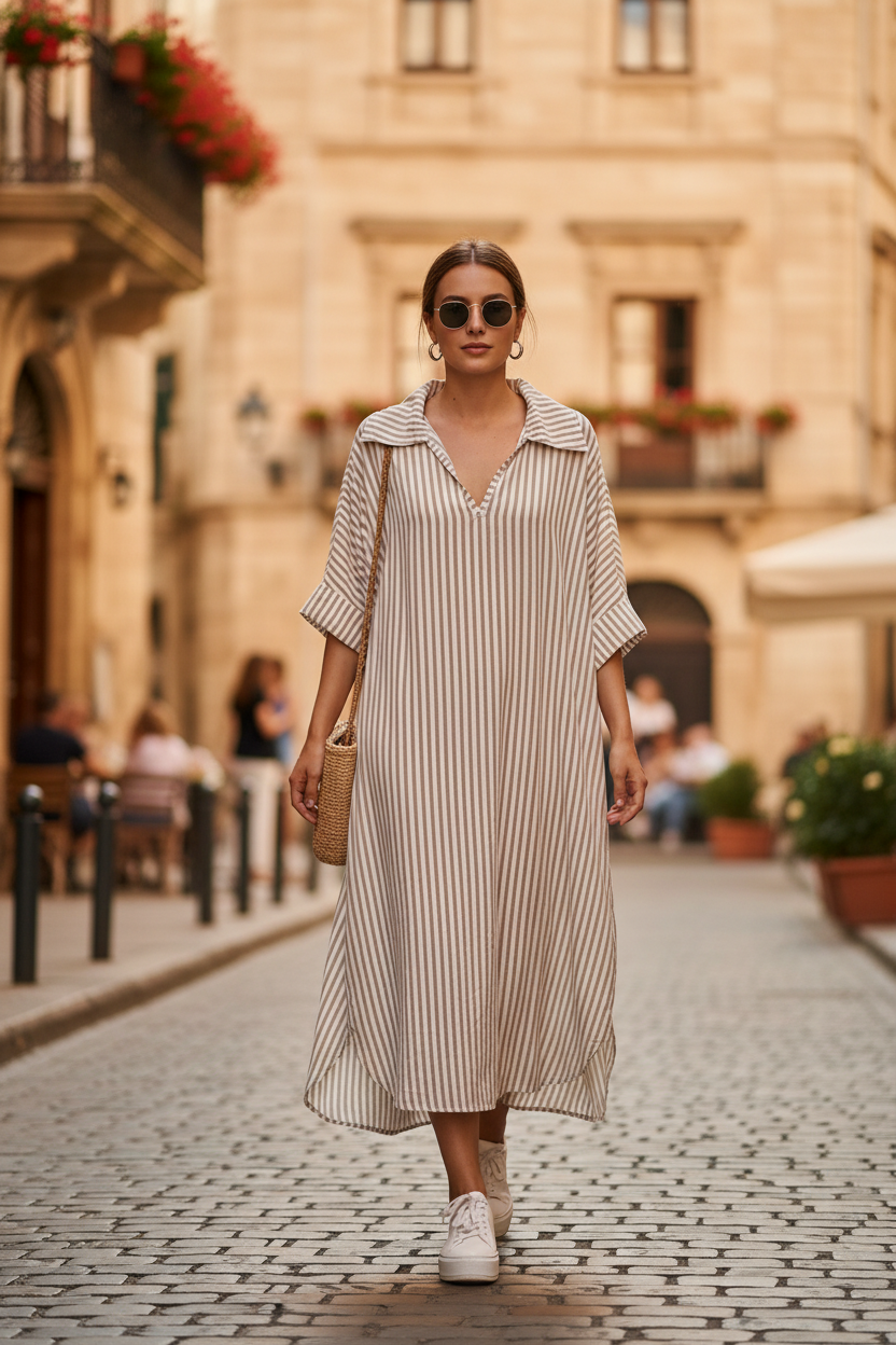 Ριγέ tunic φόρεμα - street style look 1