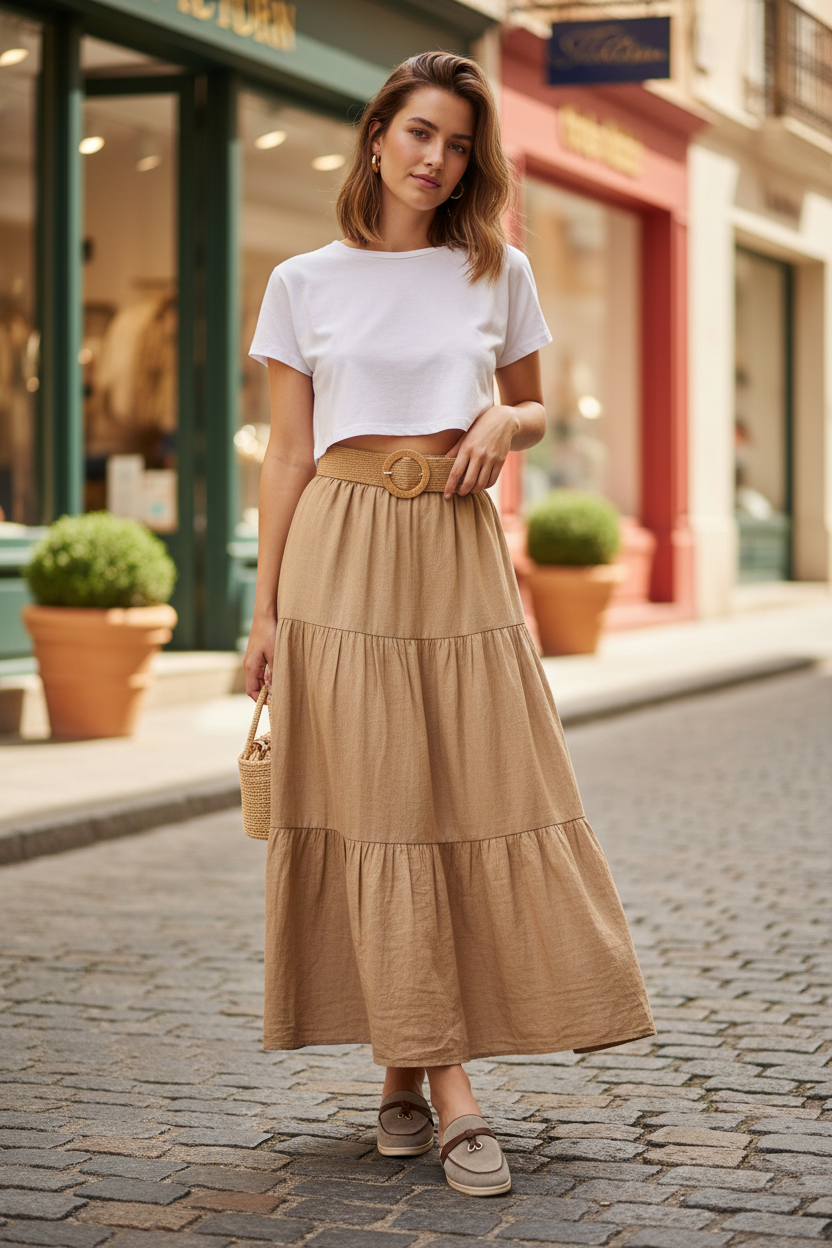 Μπεζ φούστα με taupe mules