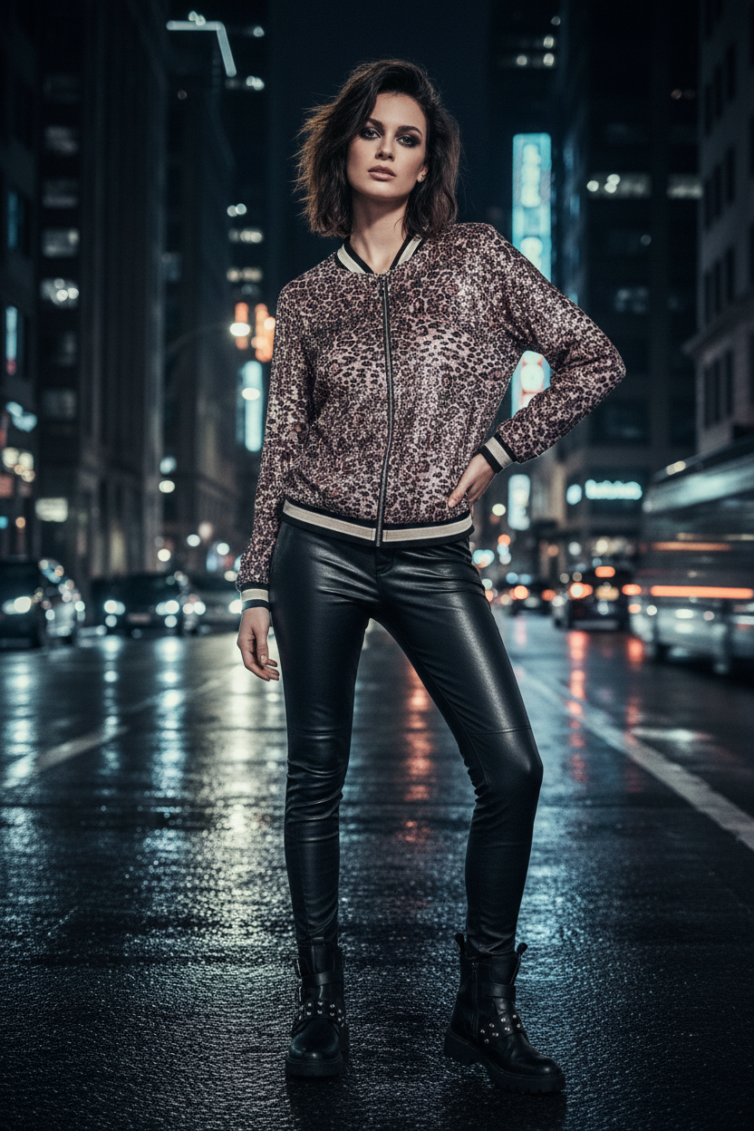 Sequin Bomber Leopard Ροζ - Rock Style