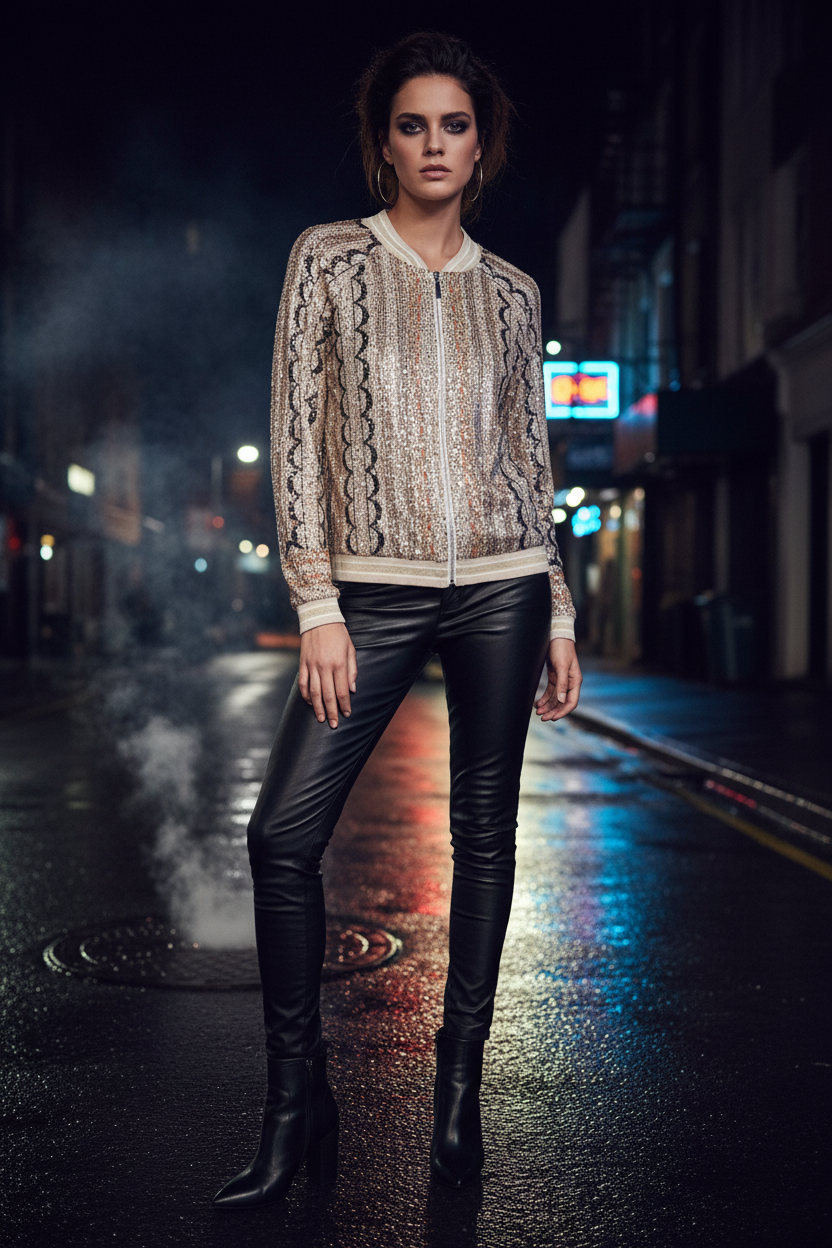 Sequin Bomber Snake Εκρού - Rock Style