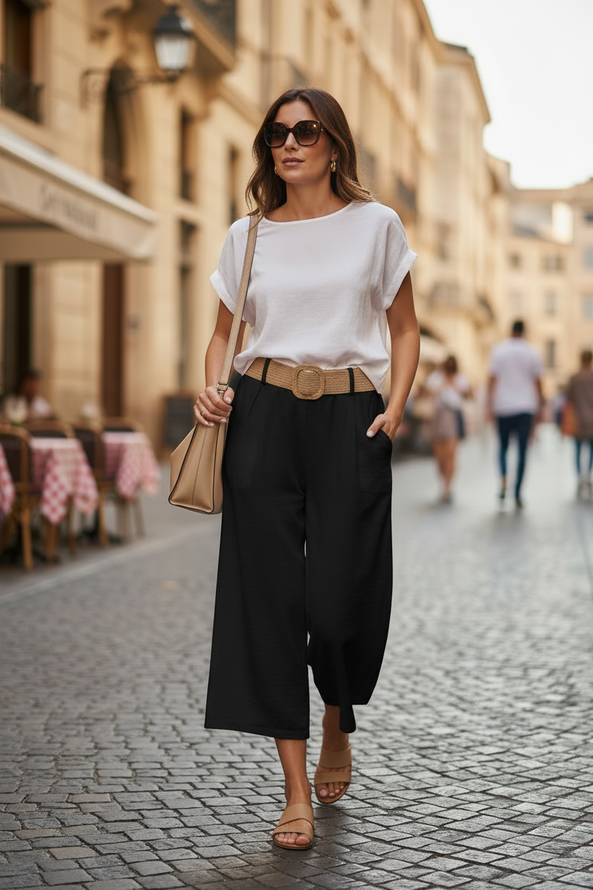 Παντελόνα Culotte Μαύρο με Πλεκτή Ζώνη
