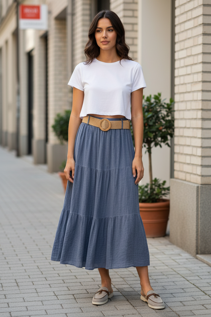 Μεσαίο τζιν φούστα με taupe mules