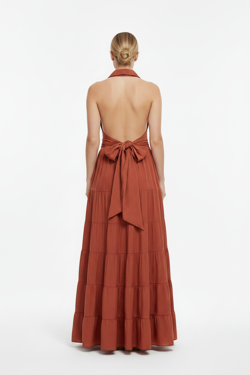 Gorgeous Glow Maxi Φόρεμα Κεραμιδί - Πίσω με φιόγκο