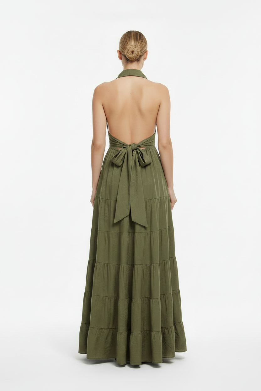 Gorgeous Glow Maxi Φόρεμα Χακί - Πίσω με φιόγκο