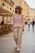 Ροζ πλεκτή μπλούζα mesh - street style look