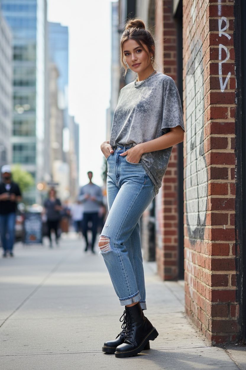 T-shirt Acid Wash Γκρι Oversized - Street Style